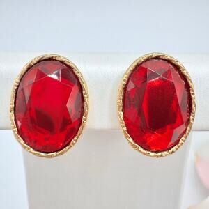 Vintage 1928 Cherry Red Faceted Lucite Stud Earrings Bezel Set Jewel Tone